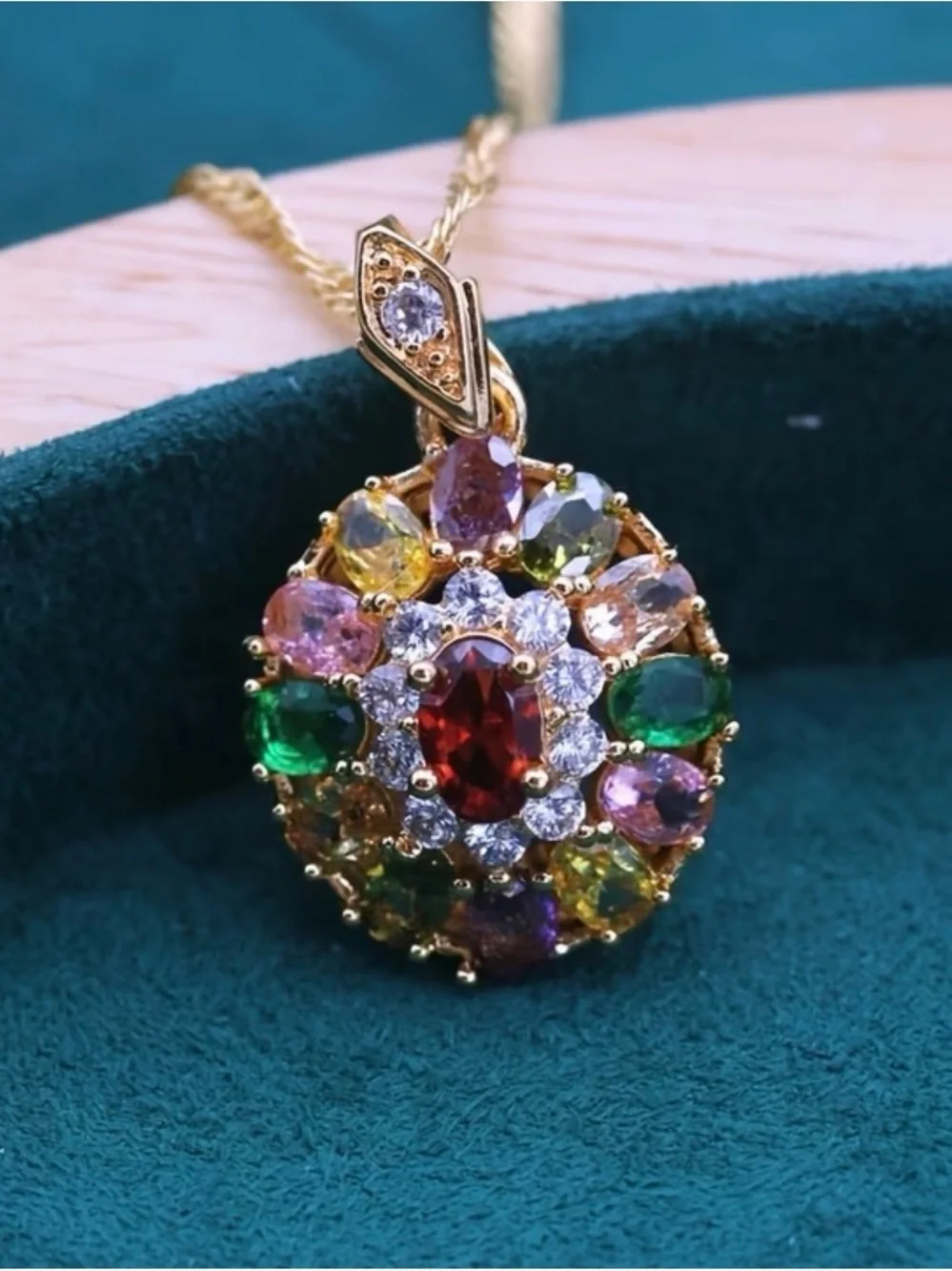 Multicolor Gemstone Floral Pendant Necklace.